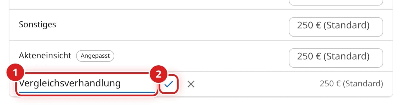 Eingabezeile für eine neue Tätigkeit mit dem Namen Vergleichsverhandlung und einem Haken zum Bestätigen