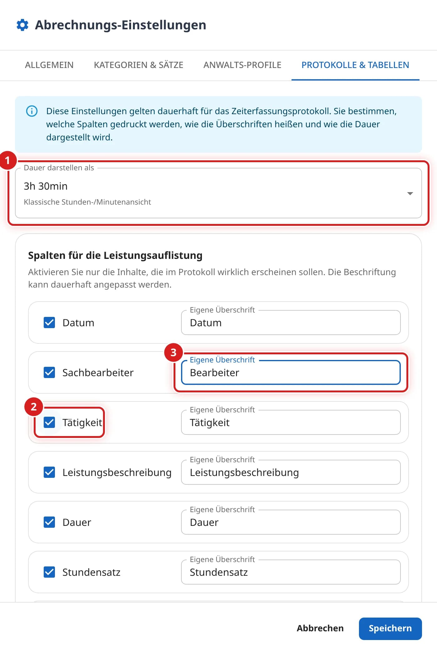 Reiter Protokolle & Tabellen mit Dauer darstellen als 3h 30min und den Spalten der Leistungsauflistung