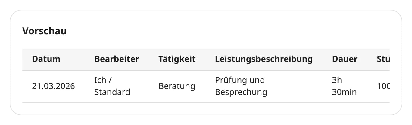 Vorschau einer Protokollzeile mit den gewählten Spalten