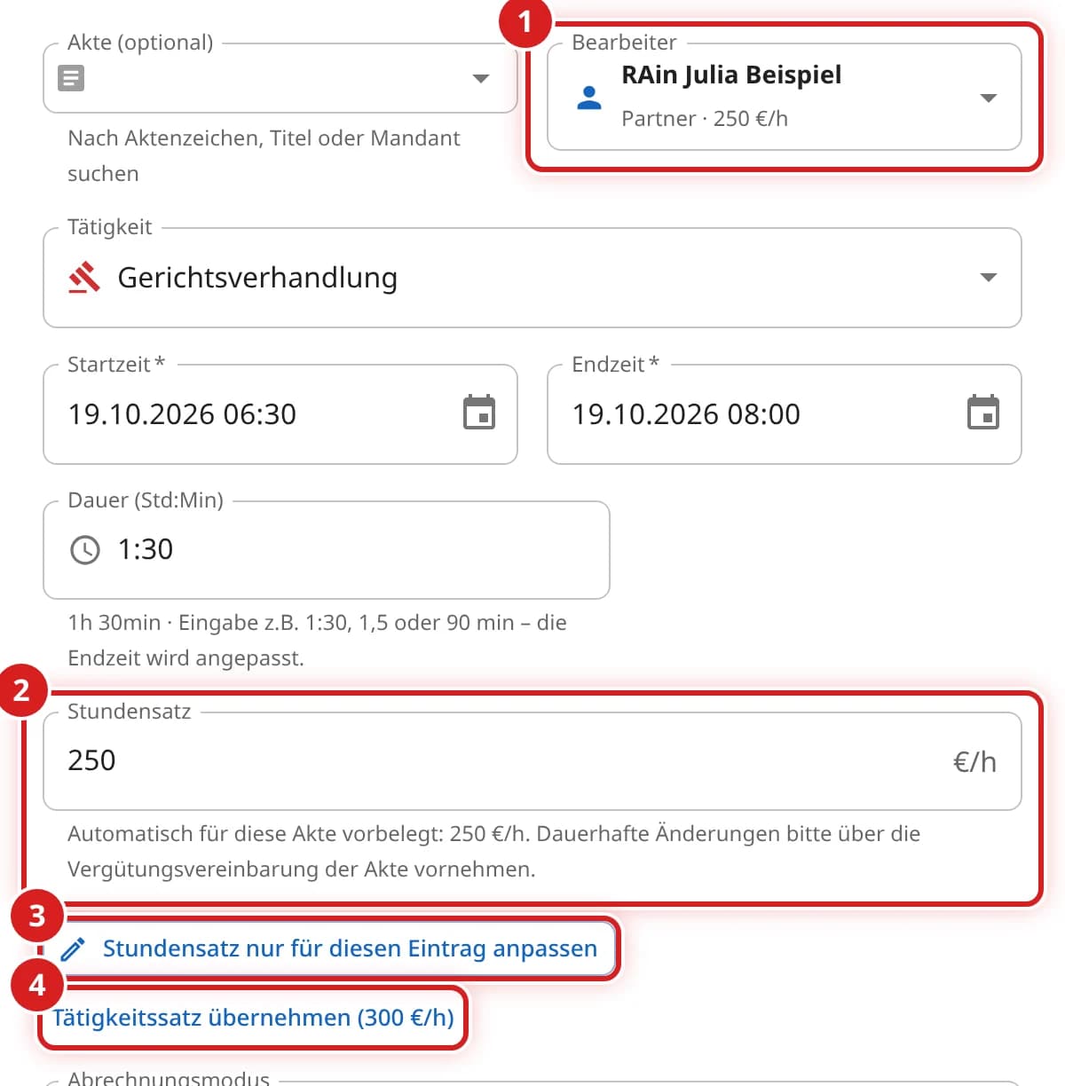 Fenster Manueller Zeiteintrag mit der Tätigkeit Gerichtsverhandlung und dem Knopf Tätigkeitssatz übernehmen (300 €/h)