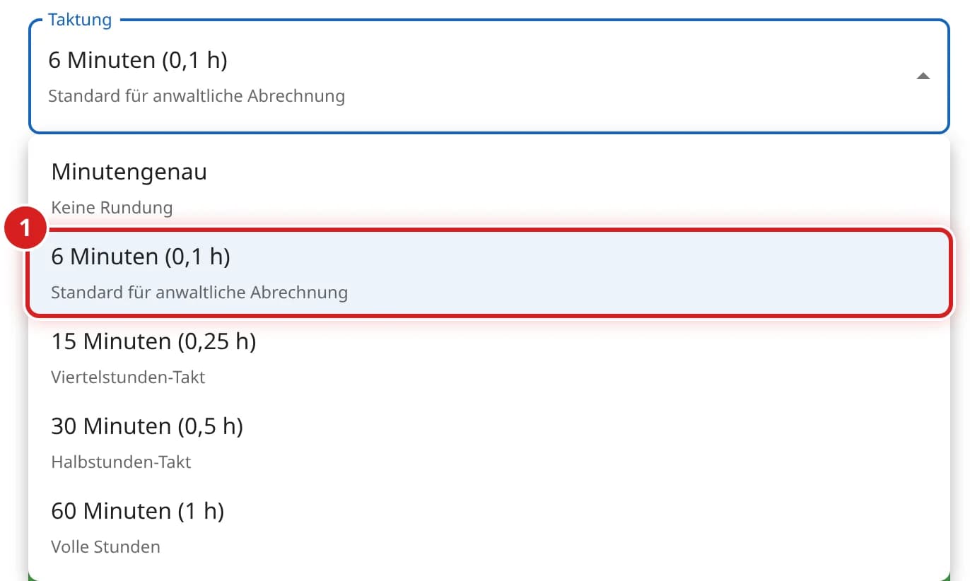 Aufgeklappte Auswahl der Taktung von Minutengenau bis 60 Minuten