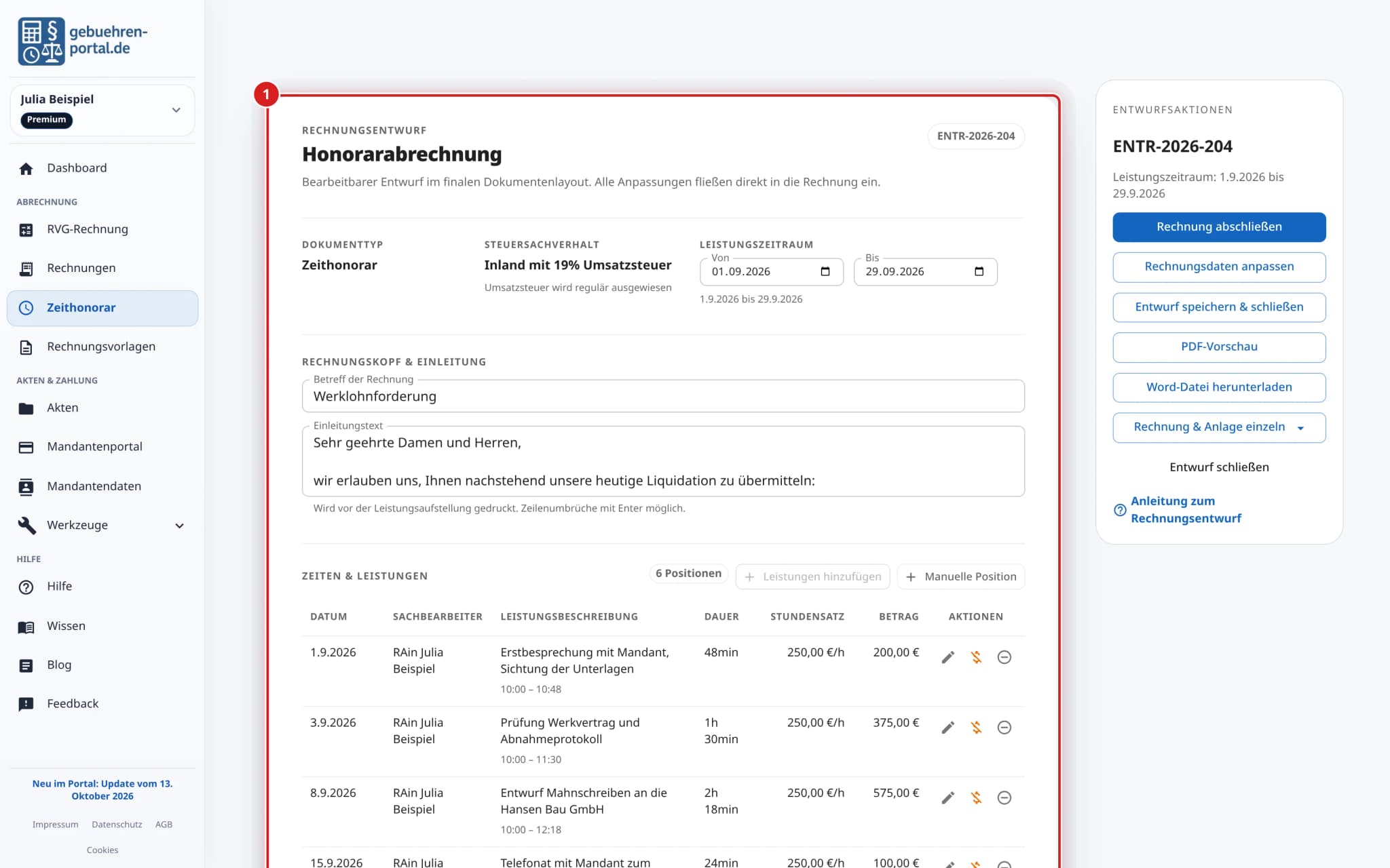 Gesamtansicht des Rechnungsentwurfs mit dem Rechnungsblatt links und den Entwurfsaktionen rechts