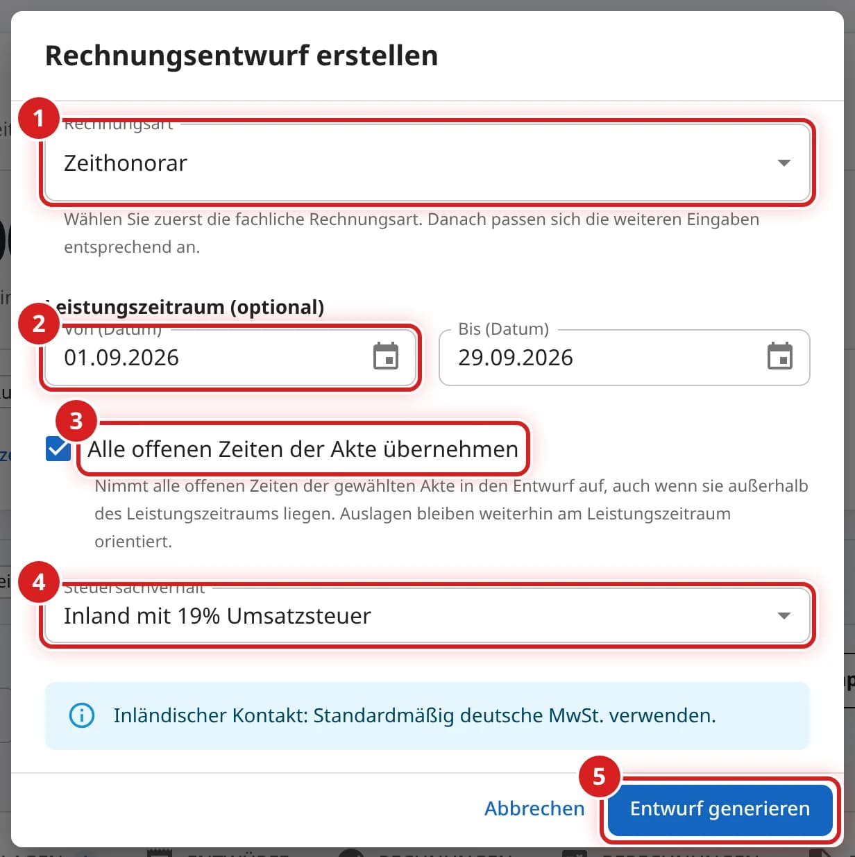 Fenster Rechnungsentwurf erstellen mit Rechnungsart, Leistungszeitraum und Steuersachverhalt