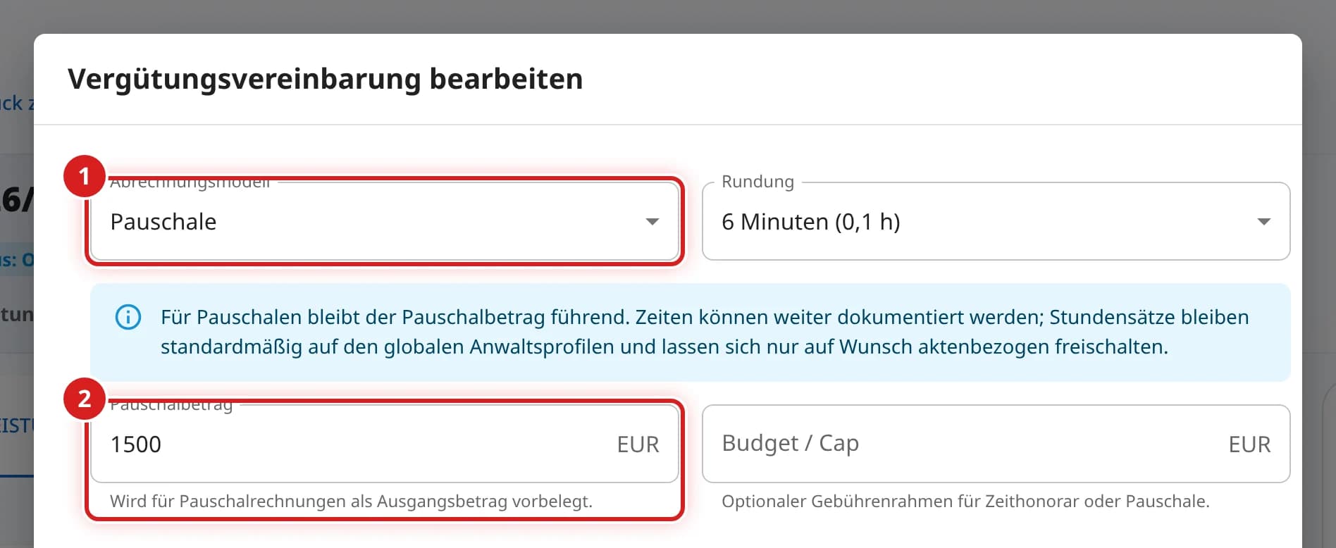 Fenster Vergütungsvereinbarung bearbeiten mit Abrechnungsmodell Pauschale und Pauschalbetrag 1500 EUR