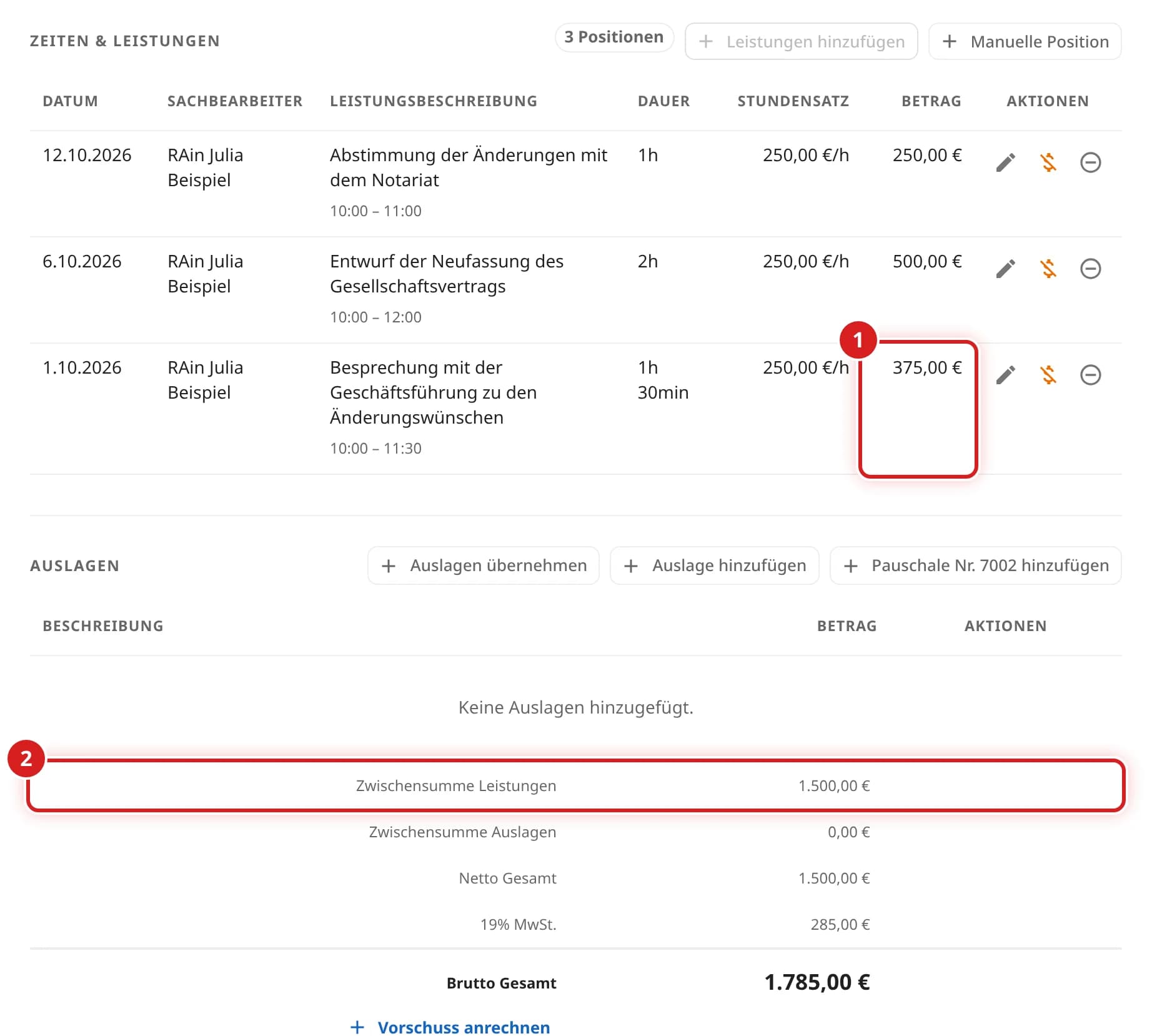 Tabelle Zeiten und Leistungen mit drei Zeiten und Stundenbeträgen sowie Zwischensumme Leistungen 1.500,00 Euro