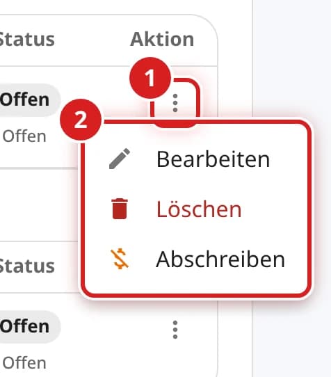 Menü einer Zeit mit Bearbeiten, Löschen und Abschreiben