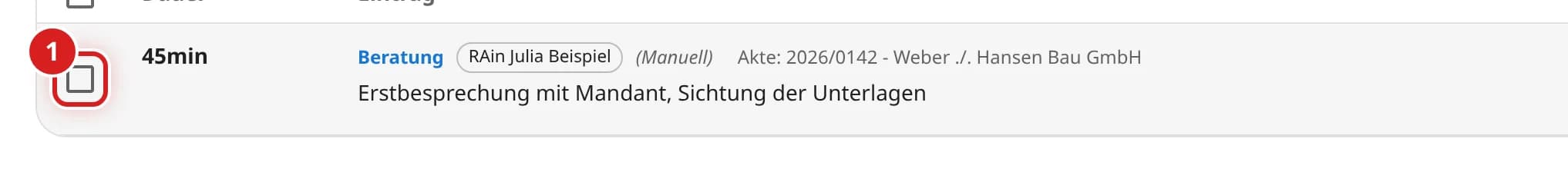 Zeile der Zeitenliste mit markiertem Kästchen