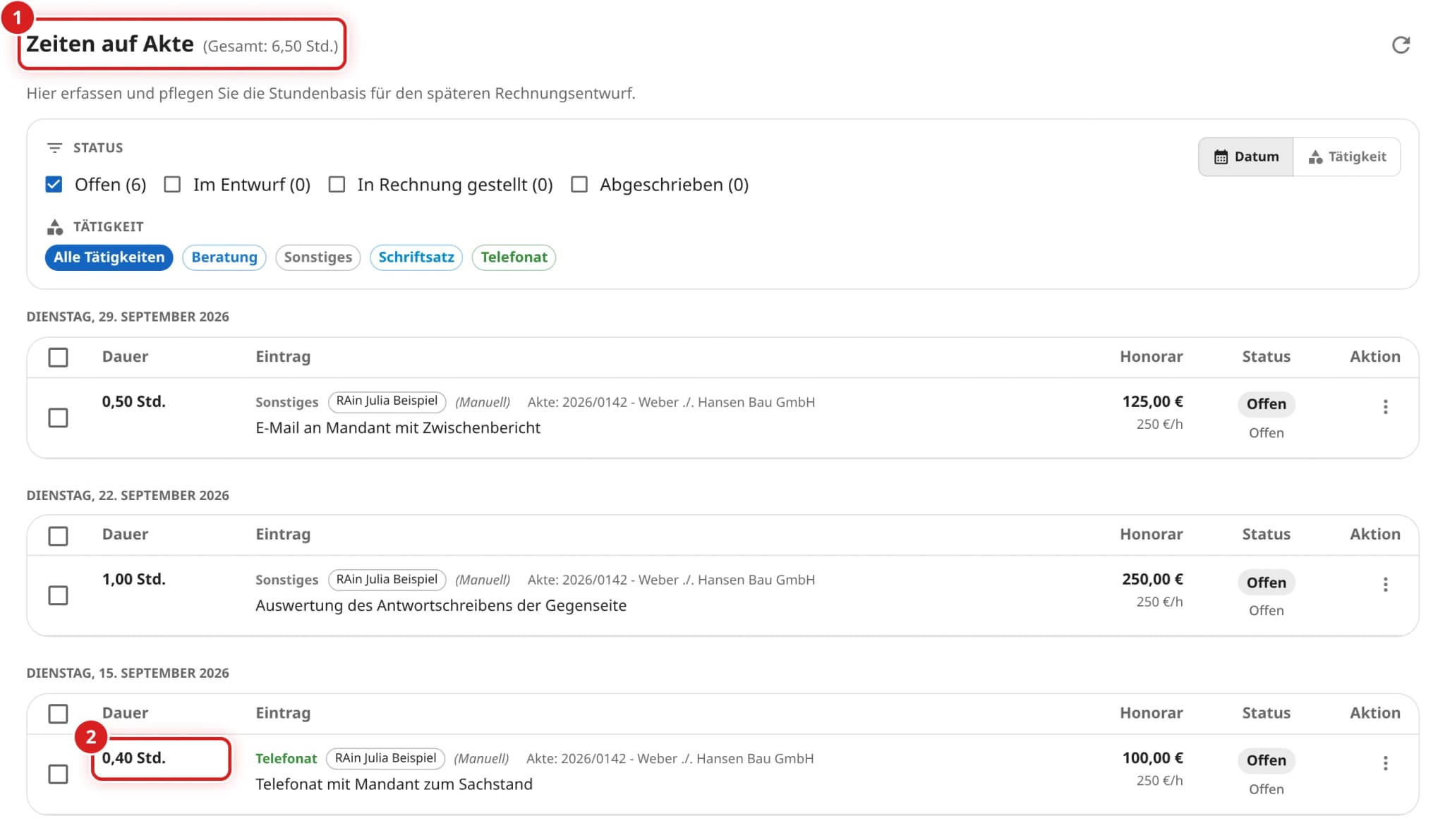 Zeiten auf Akte mit Gesamt 6,50 Std. und den Zeiten 0,50 Std., 1,00 Std. und 0,40 Std.