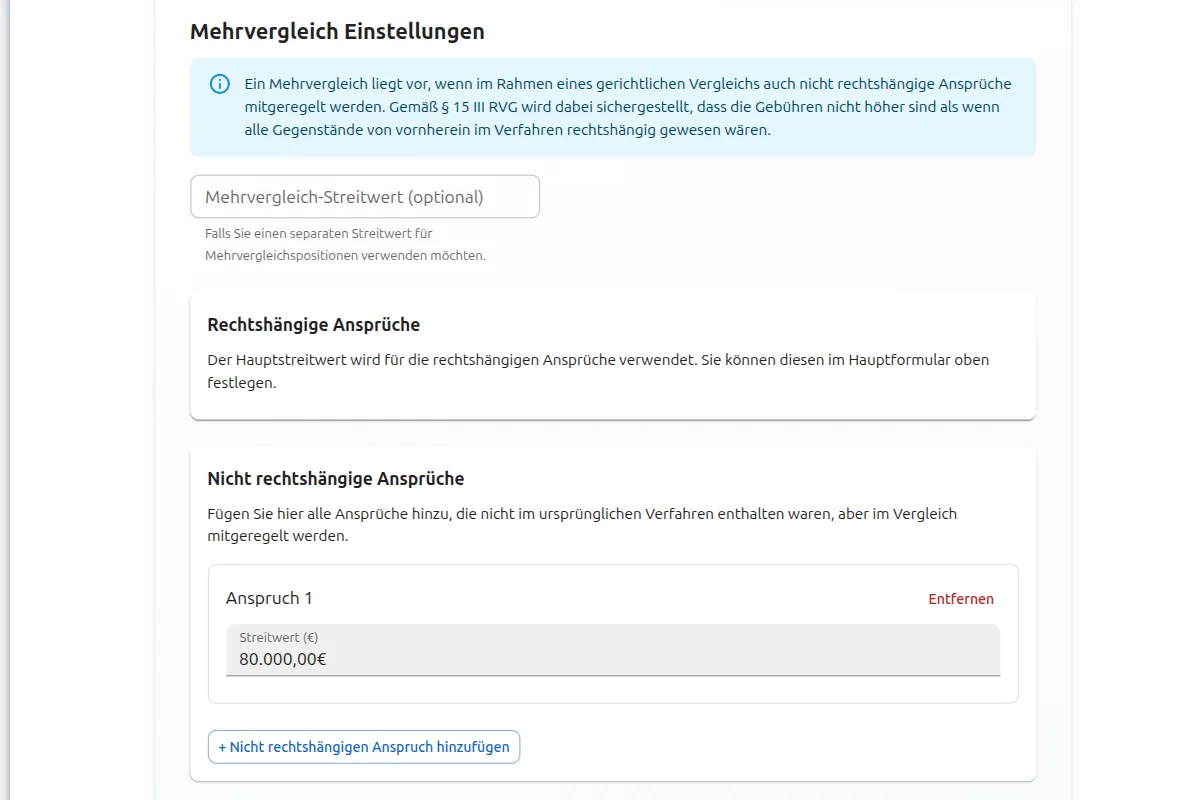 RVG Rechner Premium Mehrvergleich: Automatische Deckelung nach § 15 Absatz 3 RVG bei mehreren Vergleichen mit Gebührenberechnung